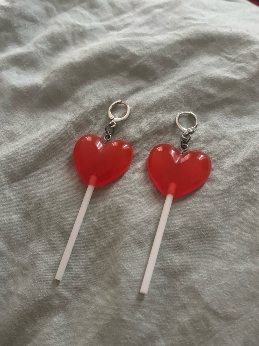 Red Heart Lollipop Drop Earrings